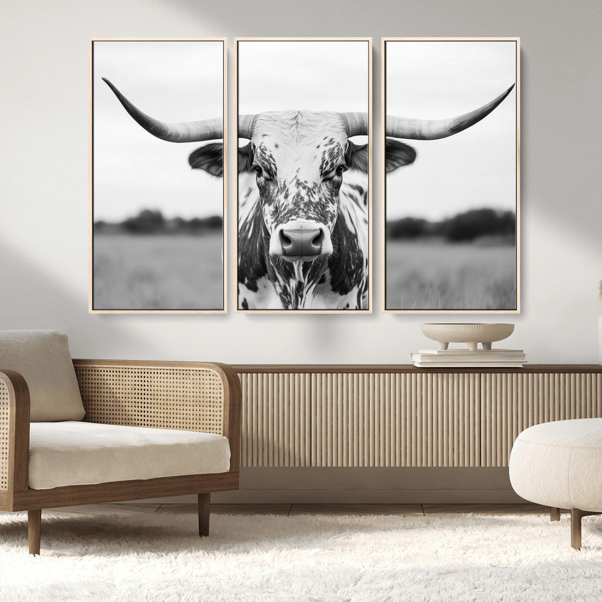 Highland Cow Wall Art Canvas Print – Black and White Western