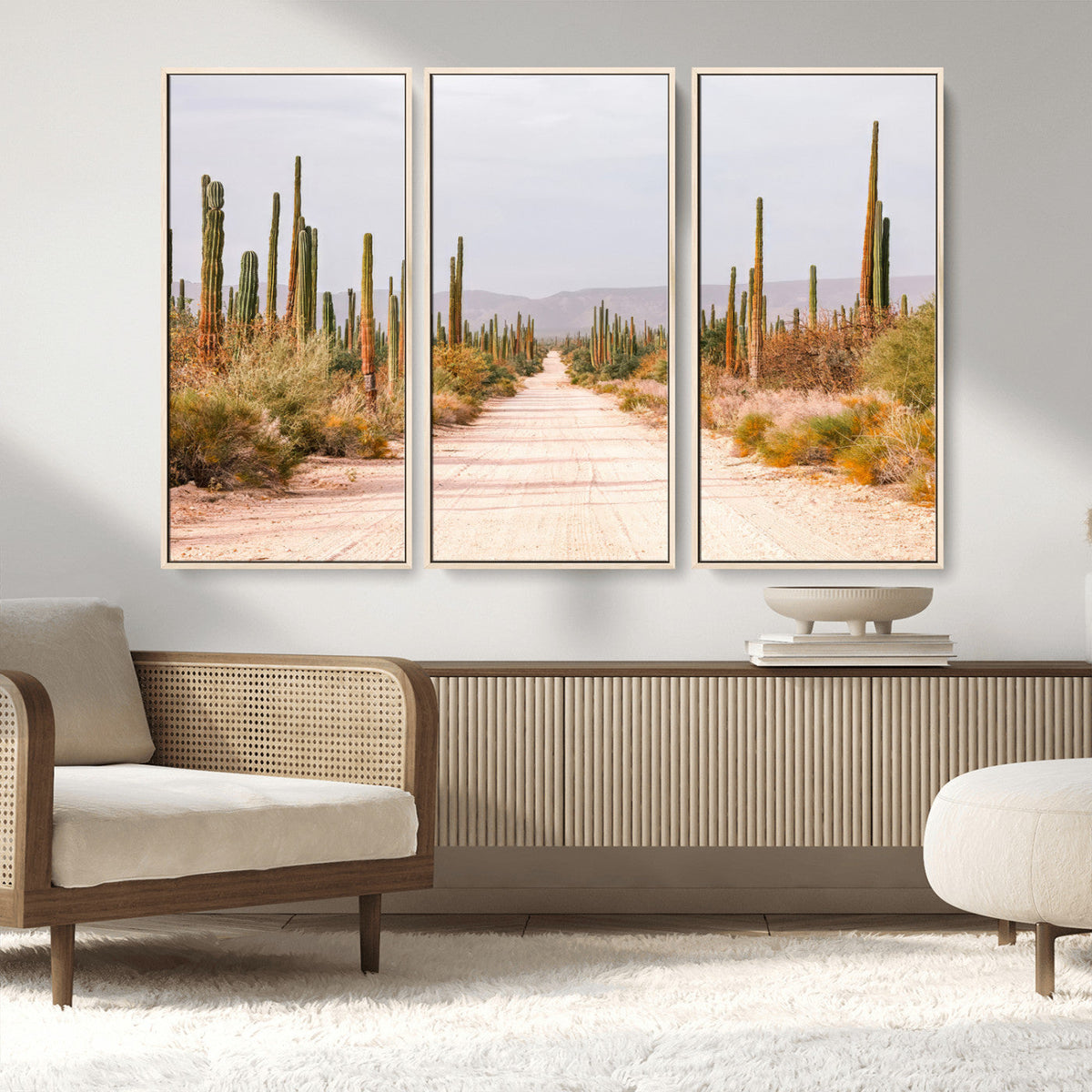 Desert Cactus Lined Road Wall Art Canvas Print – Framed