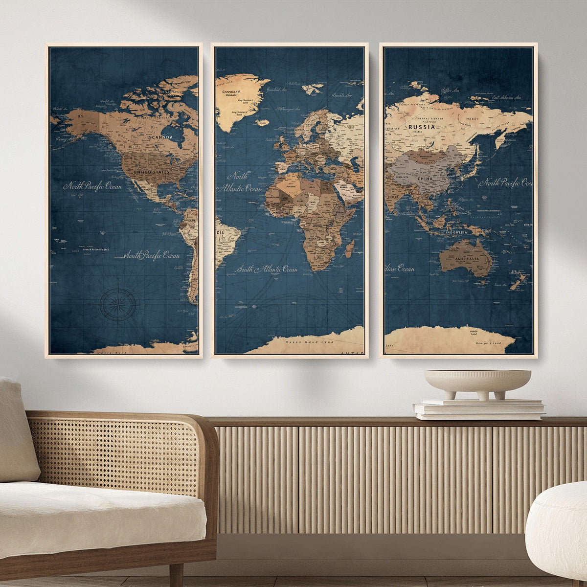 Navy Blue World Map Canvas Print – Framed Travel Map Wall