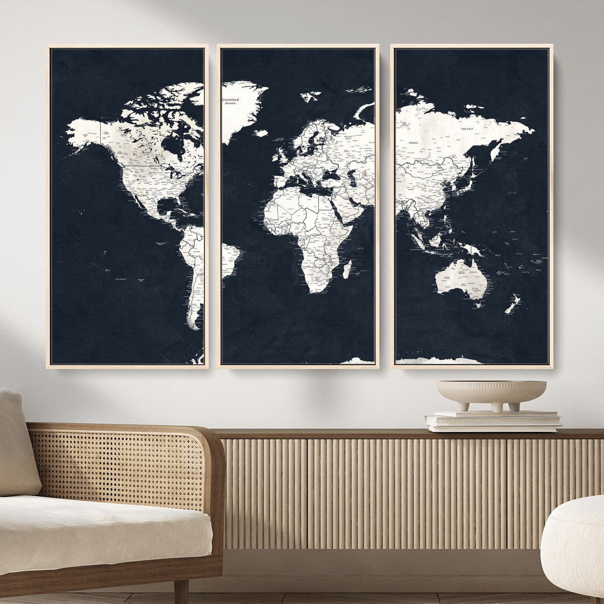 Black World Map Wall Art Canvas Print for Home Office and
