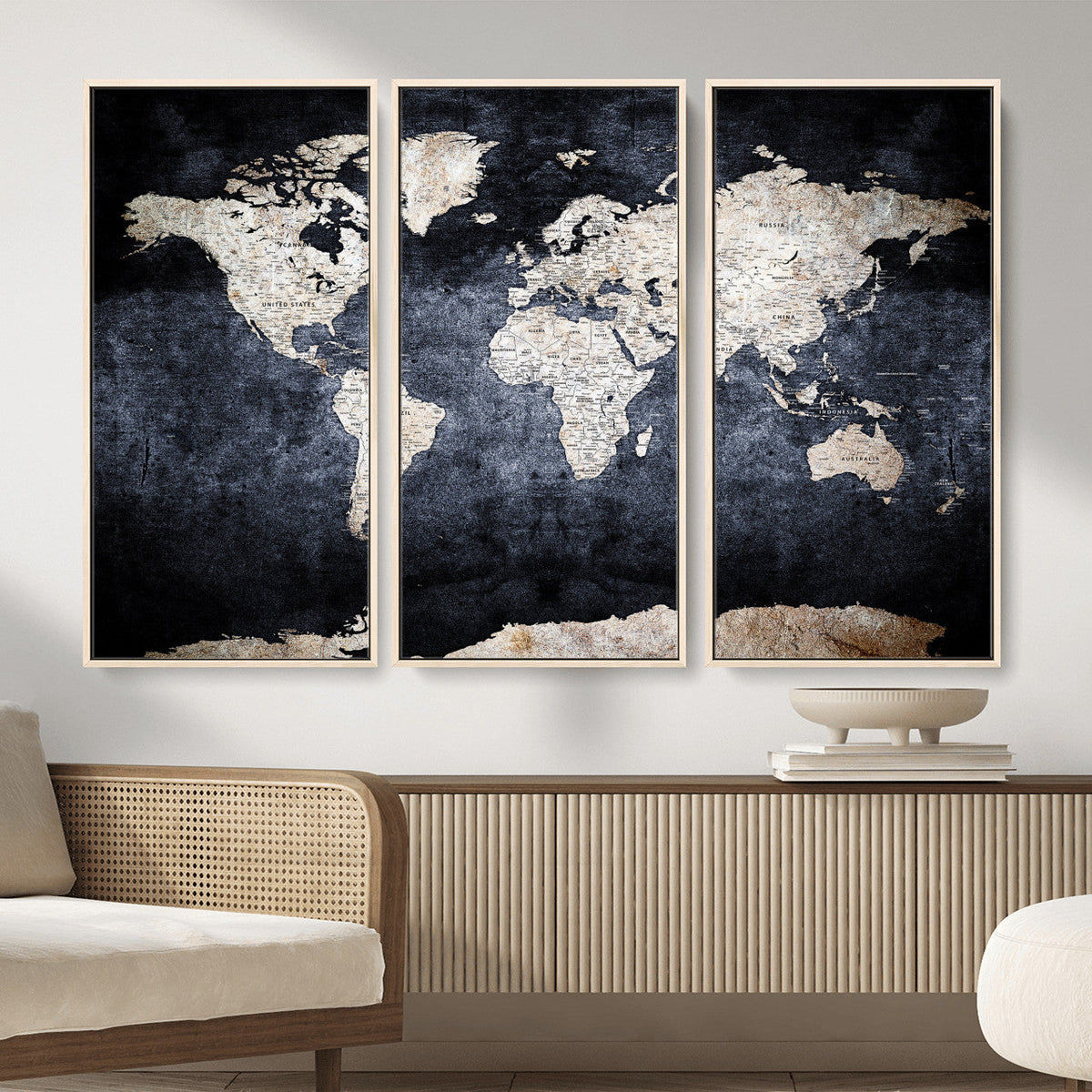 Vintage World Map Canvas Wall Art – Antique Triptych Map