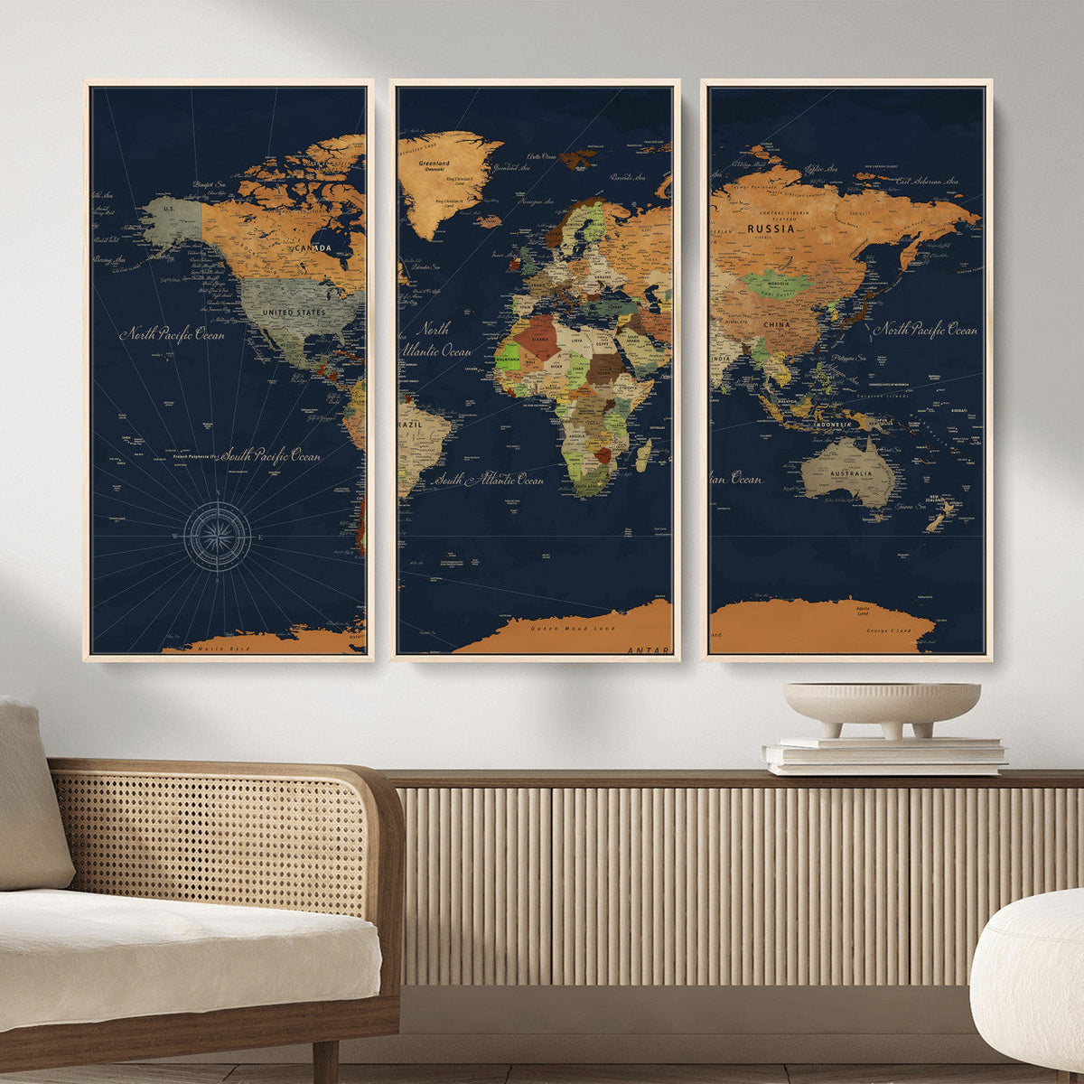 Modern World Map Canvas Print – Framed Detailed Map of the