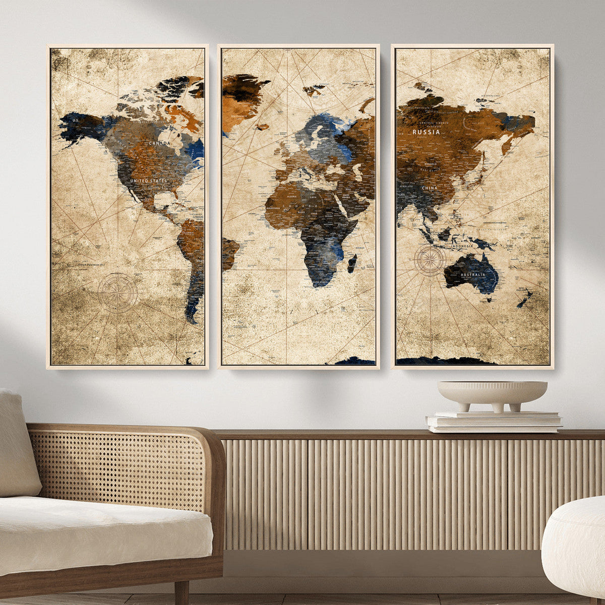 World Map Wall Art – Rustic Earth Tone Canvas Print, Antique