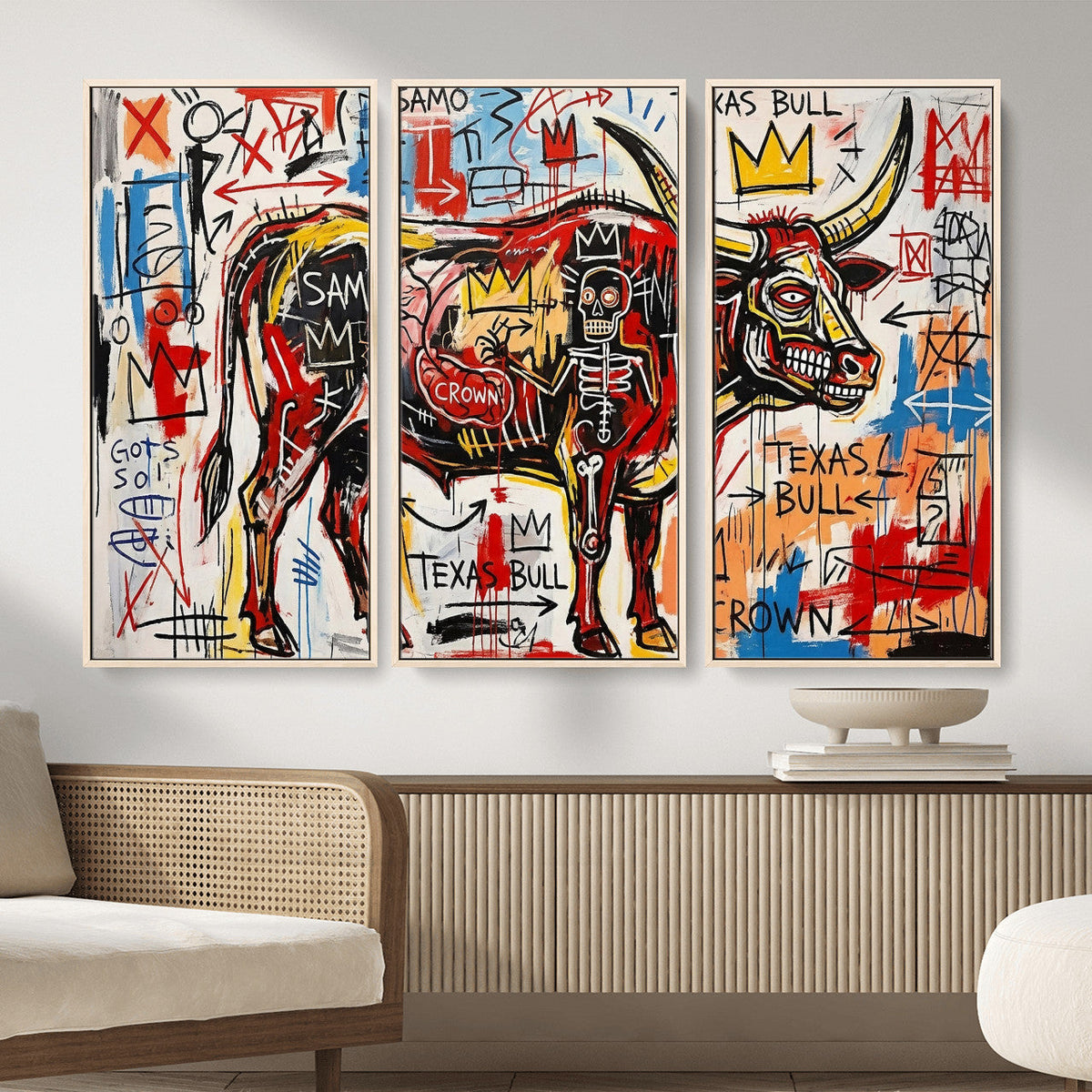 Texas Bull Wall Art Canvas Print, Abstract Graffiti Bull