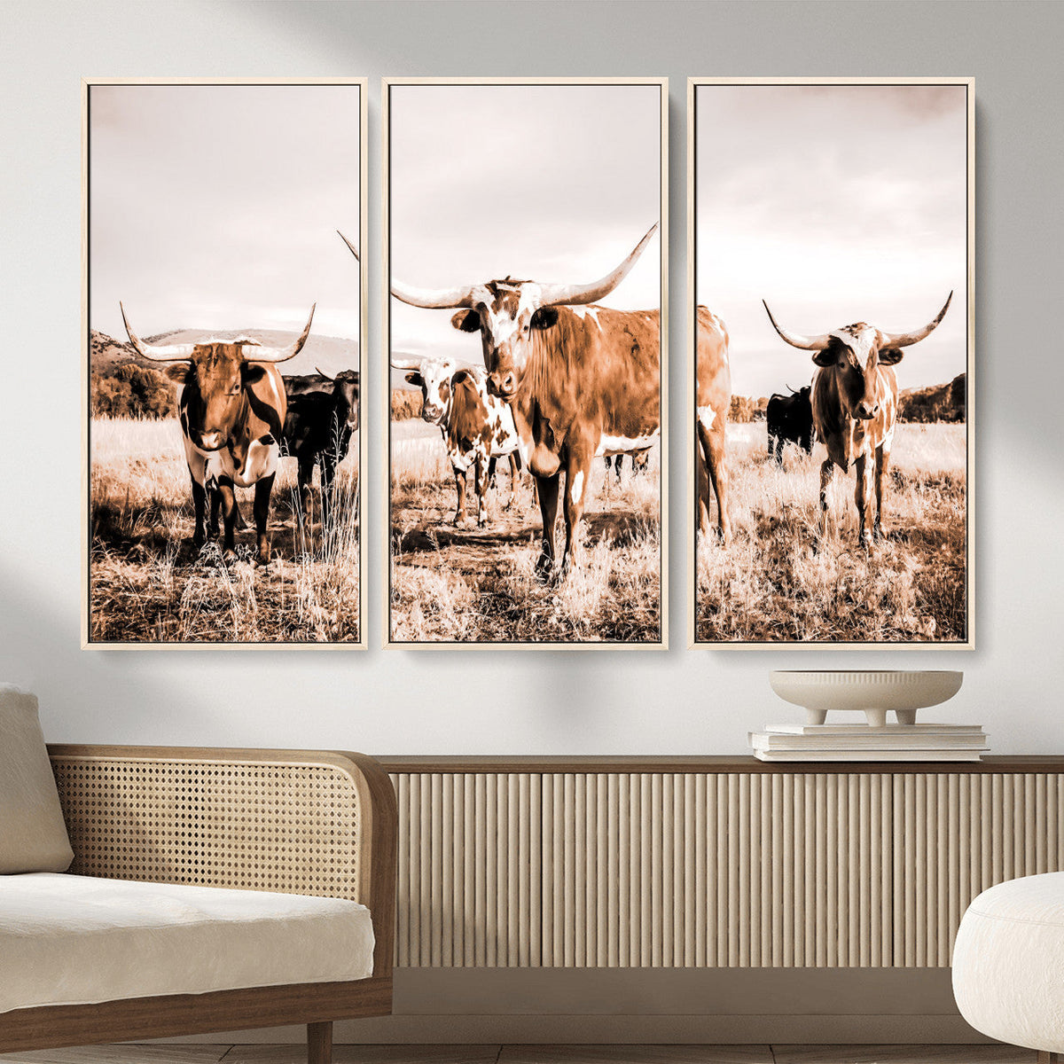 Texas Longhorn Cattle Wall Art Canvas Print, Sepia Western