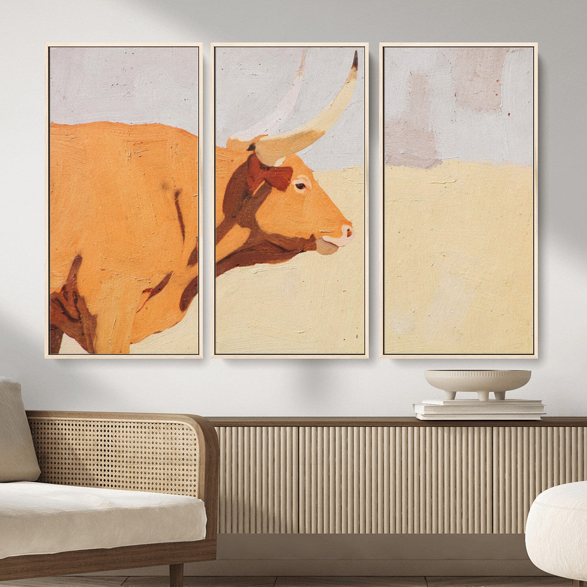 Minimal Longhorn Bull Wall Art Canvas Print, Neutral Western