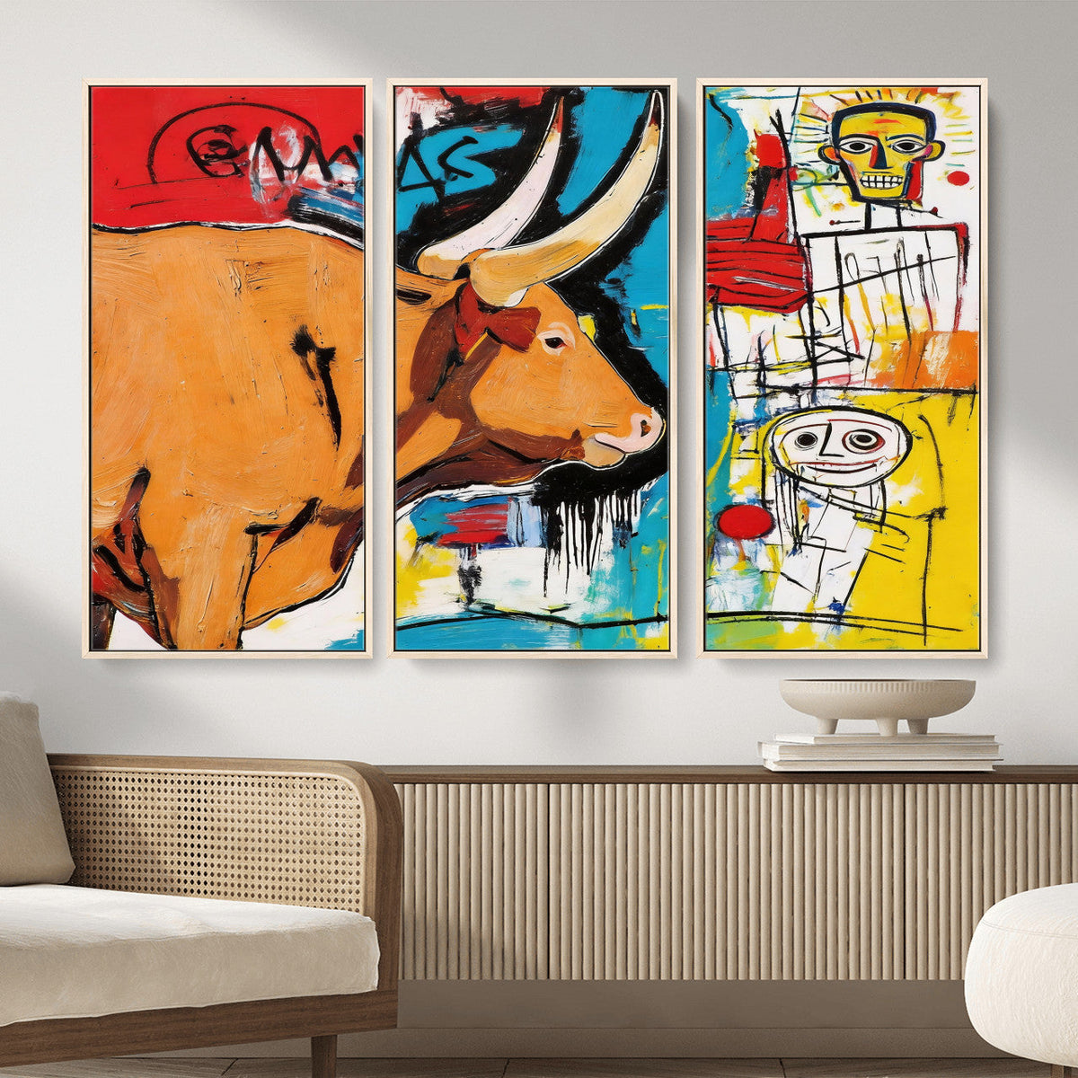Basquiat Style Bull Graffiti Wall Art Canvas Print, Street