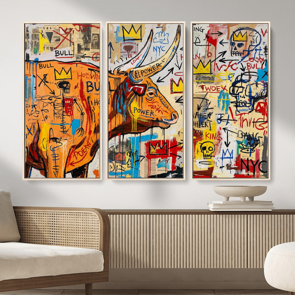 Basquiat Style Bull Graffiti Wall Art Canvas Print, Street