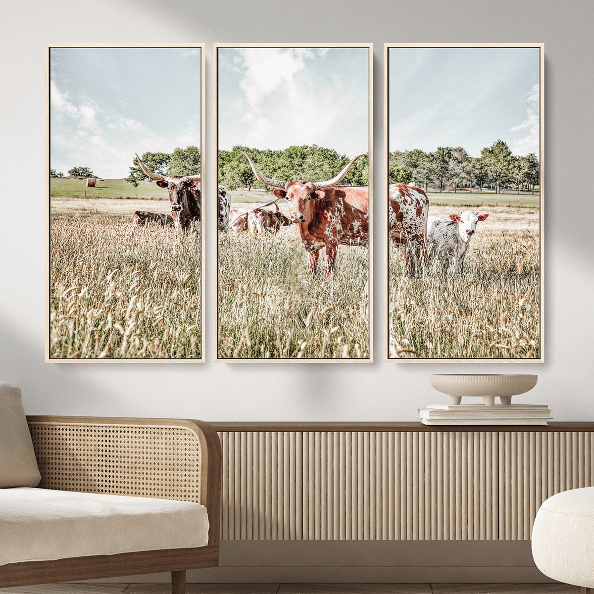 Texas Longhorn Cattle Wall Art Canvas Print, Rustic Ranch