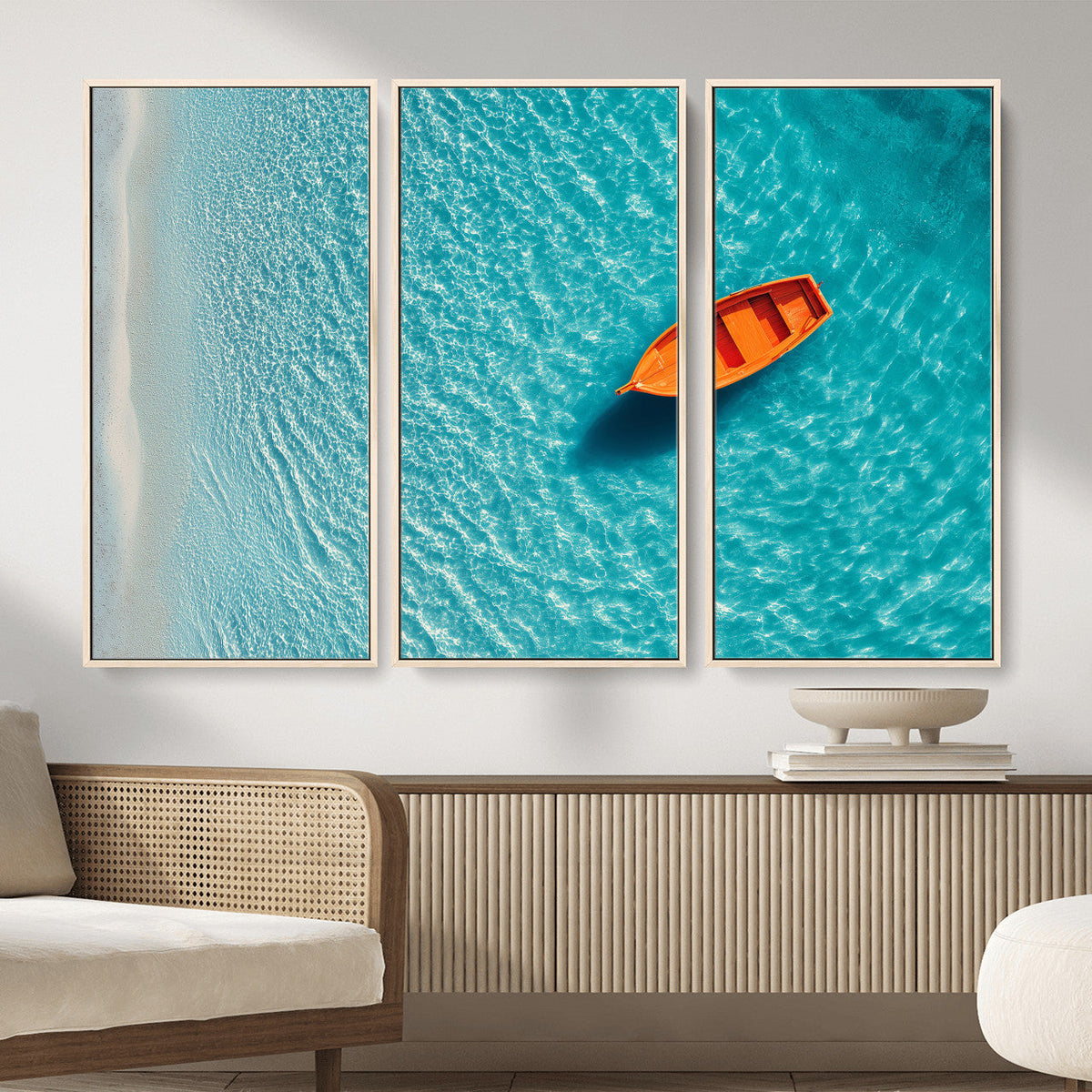 Minimalist Boat Wall Art Canvas Print, Aerial Sea Landscape