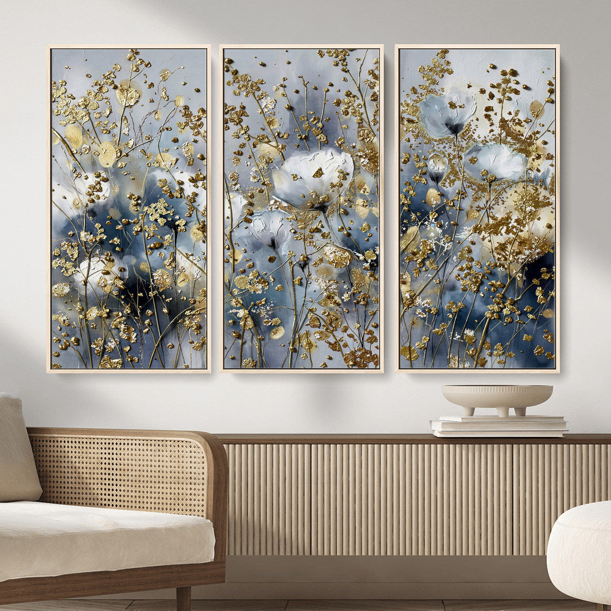 Abstract Floral Wall Art Canvas Print – Gold and Blue