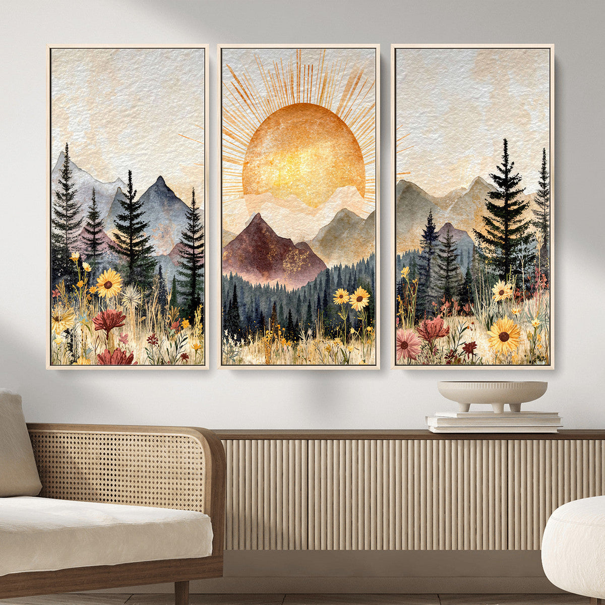 Boho Mountain Landscape Large Wall Art, Horizontal Gold