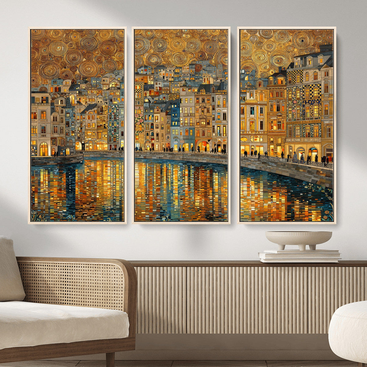 Gustav Klimt Golden Cityscape Wall Art Canvas Print, Framed