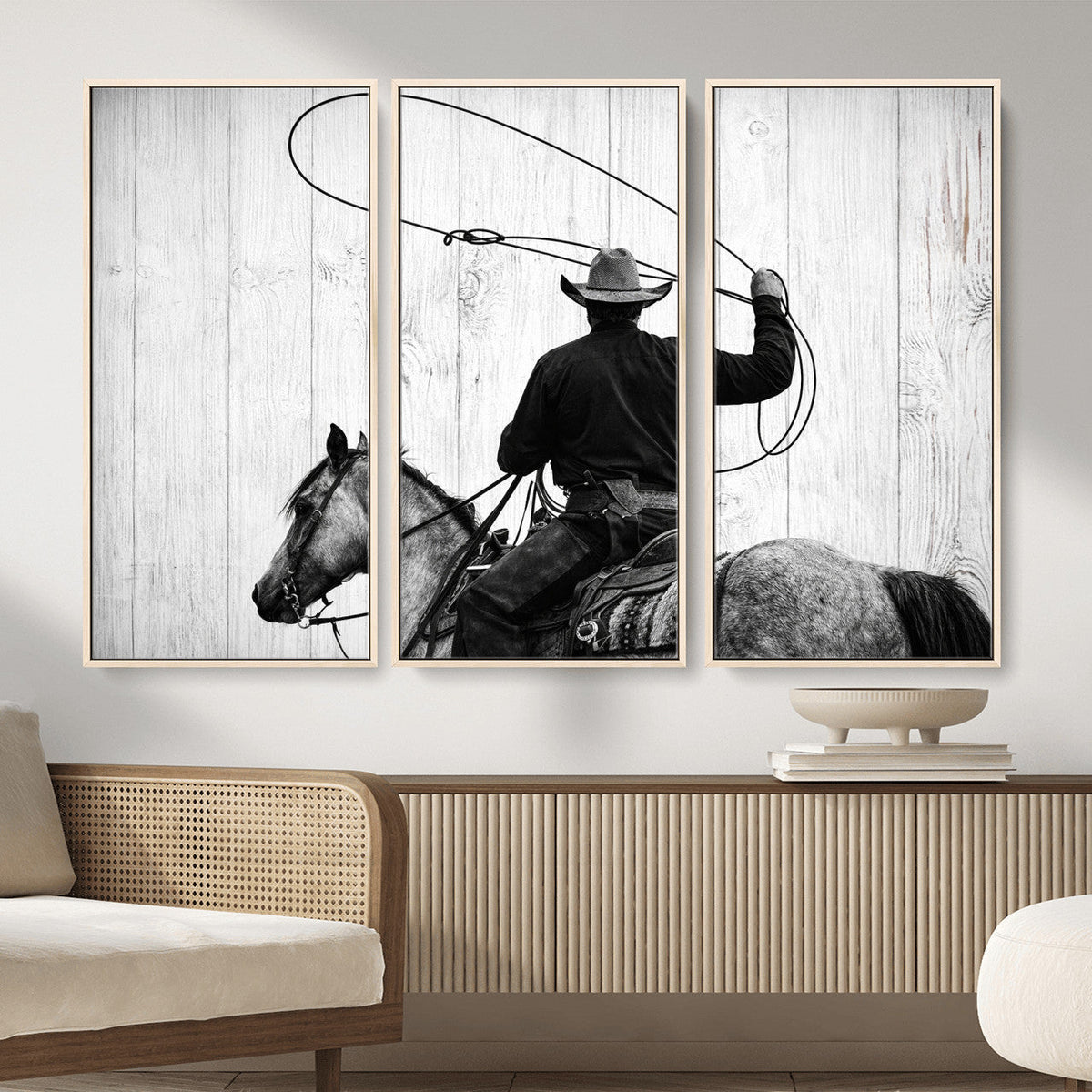 Cowboy Lasso Canvas Wall Art, Black White Western Horse