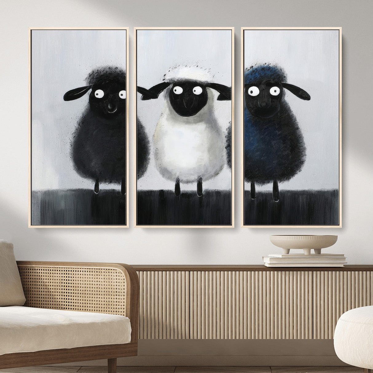 Funny Sheep Canvas Wall Art, Three Quirky Sheep Painting Print, Cute Animal Nursery Decor, Black White Navy Farmhouse Art, Kids Room Gift