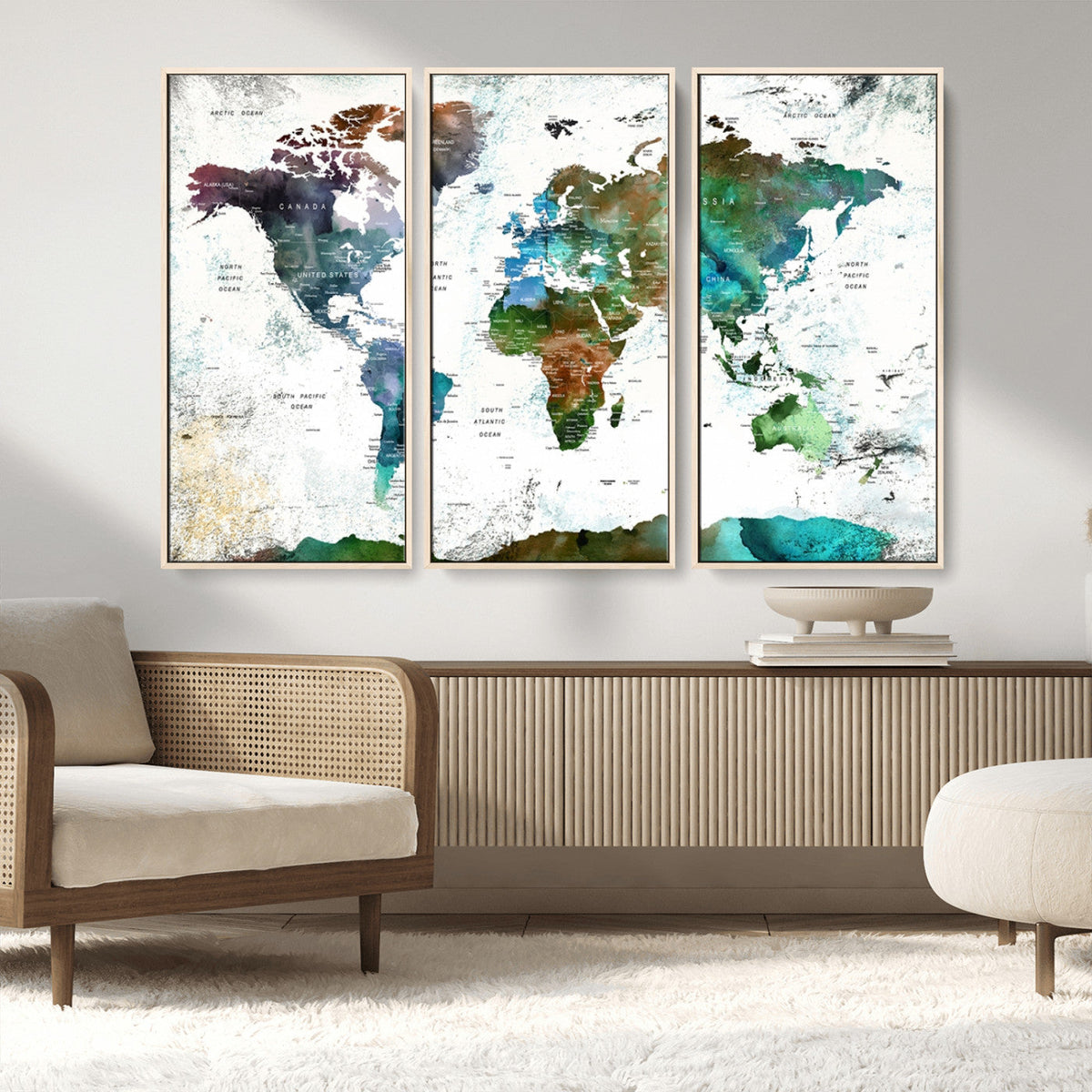 Modern Watercolor World Map Canvas Wall Art – Framed