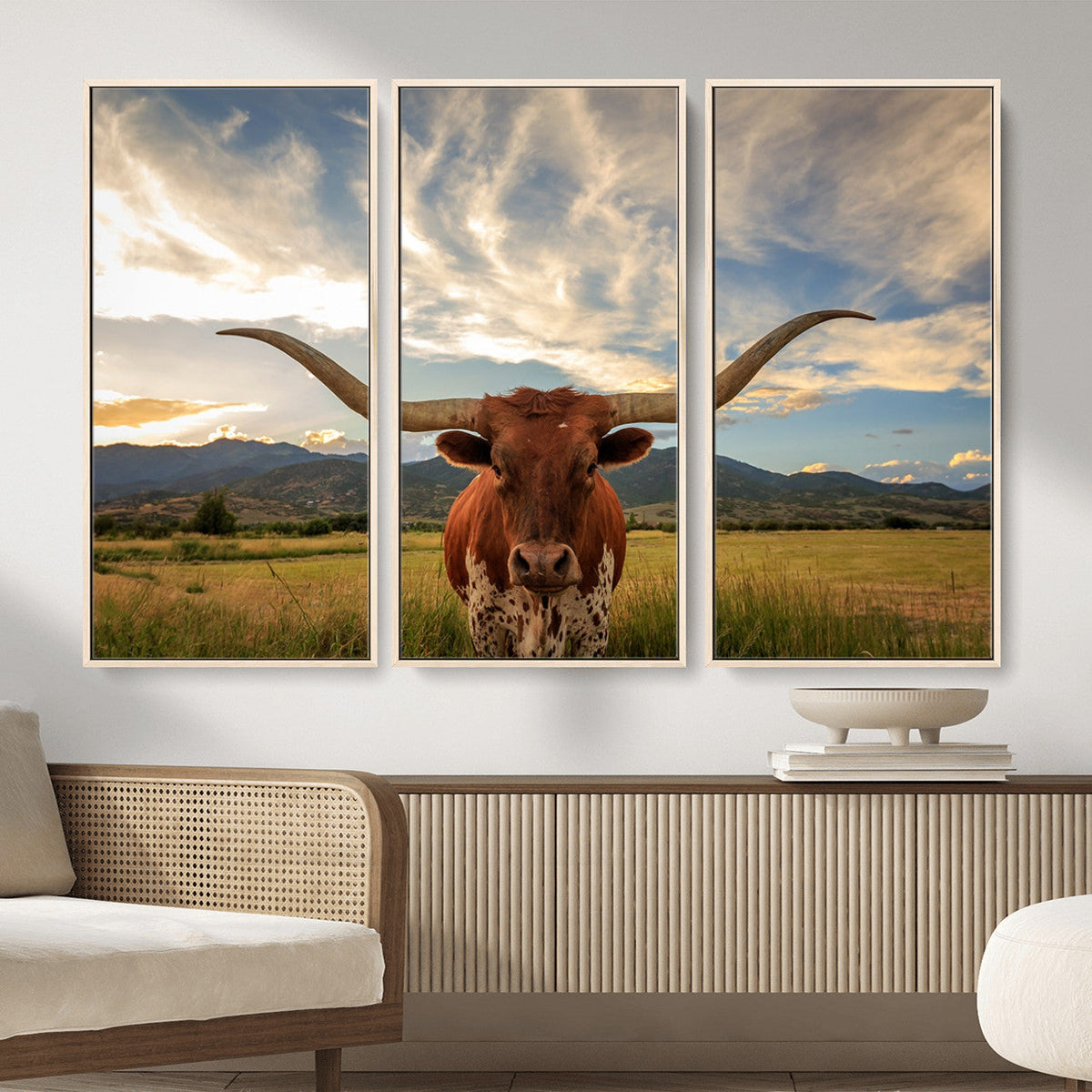 Texas Longhorn Canvas Wall Art – Majestic Triptych Animal
