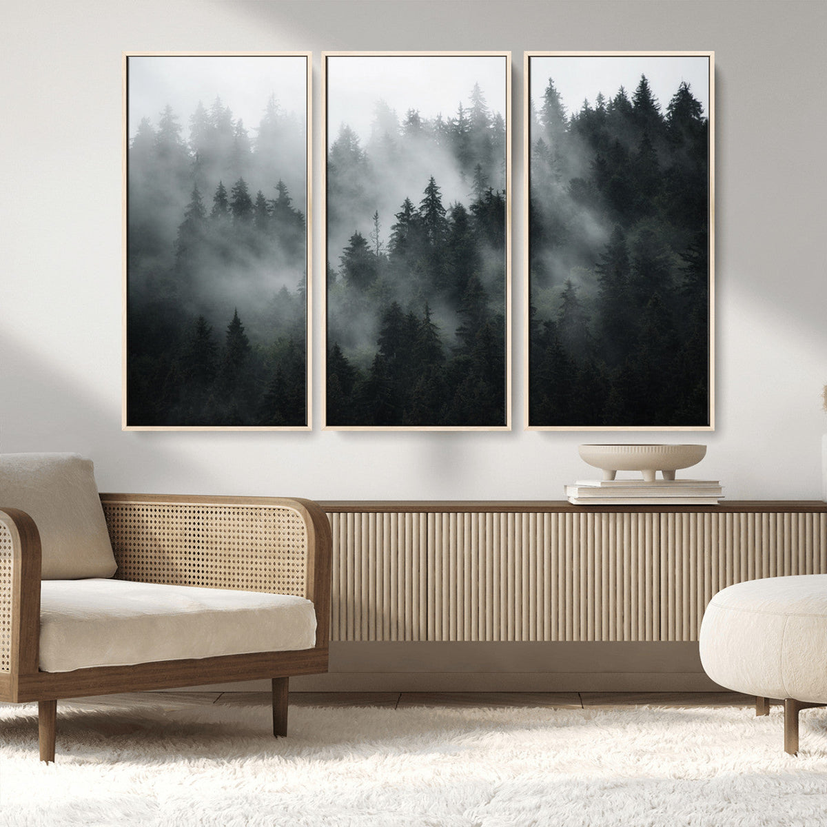 Foggy Forest Wall Art Canvas Print | 3 Panel Large Misty