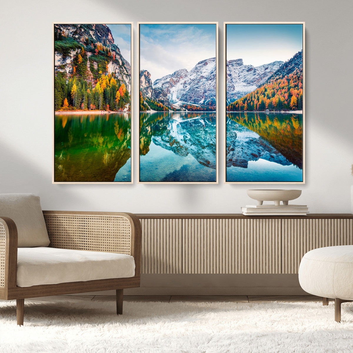 Spectacular autumn view of Braies Lake Wall Art Canvas Print