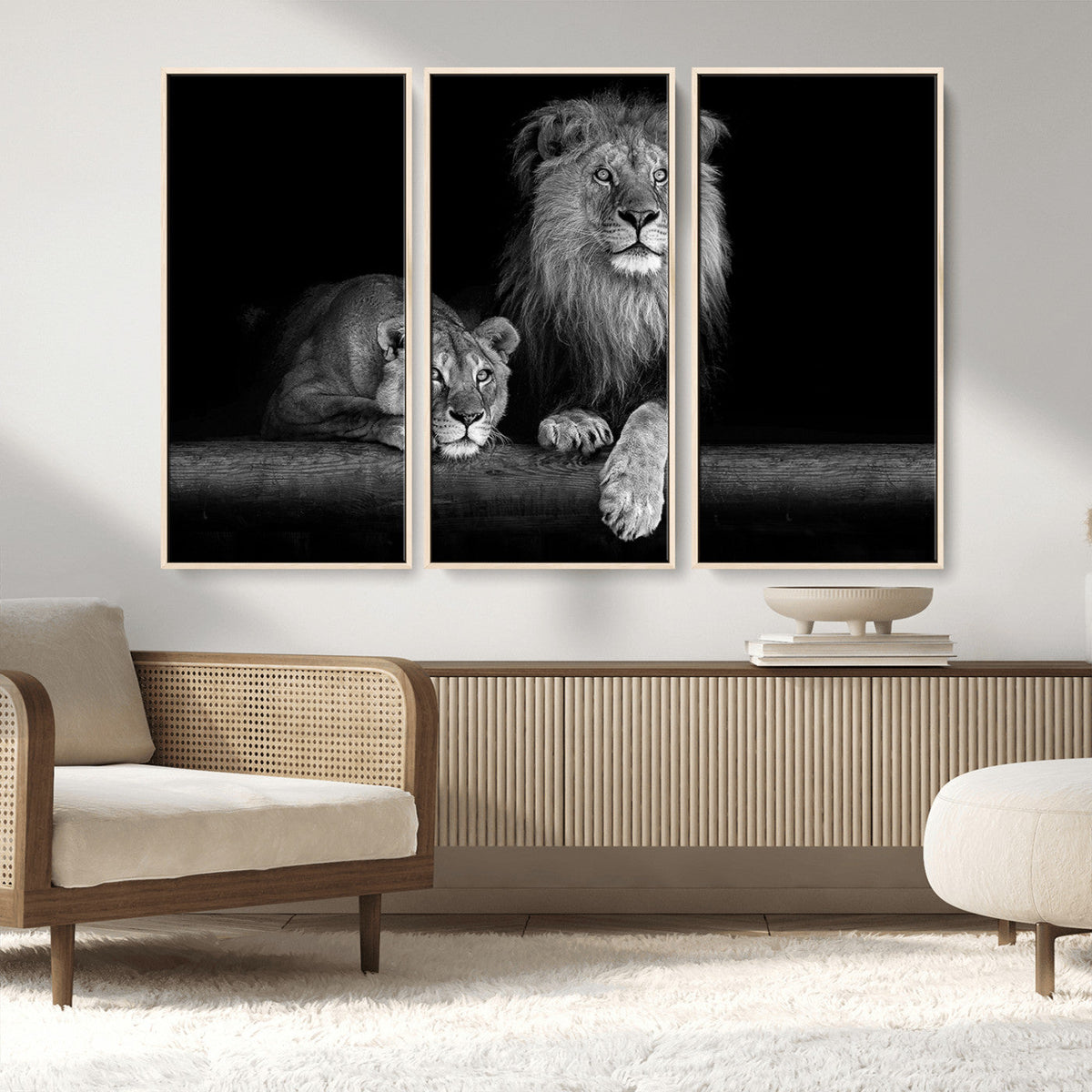 Large Black and White Lion Couple Wall Art Canvas Print –