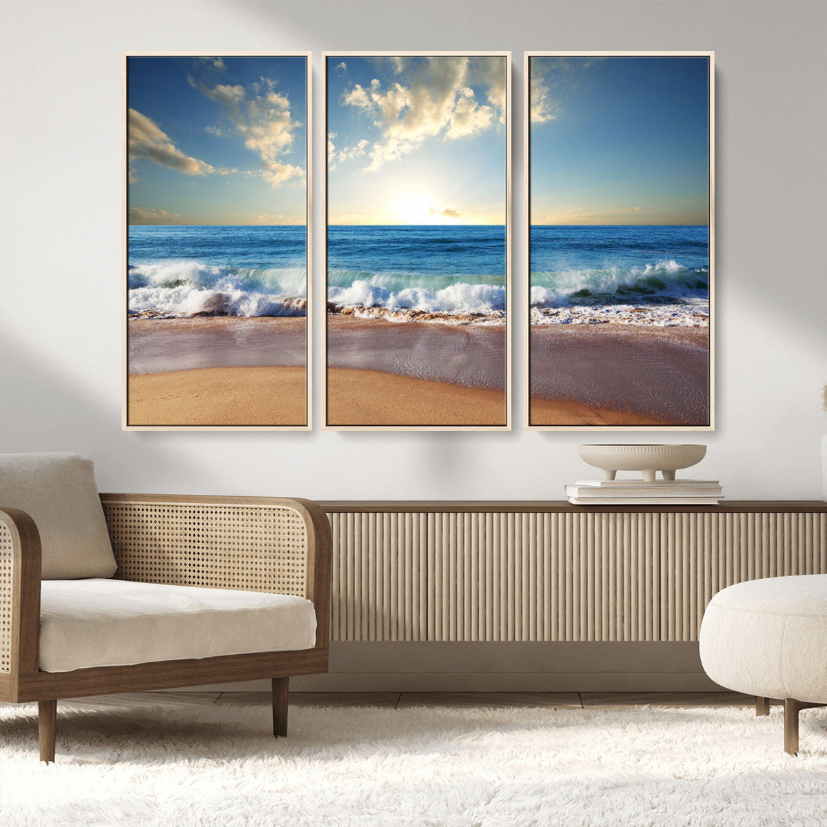 Serene Ocean Sunset Canvas Wall Art - Beach Waves at Sunset,