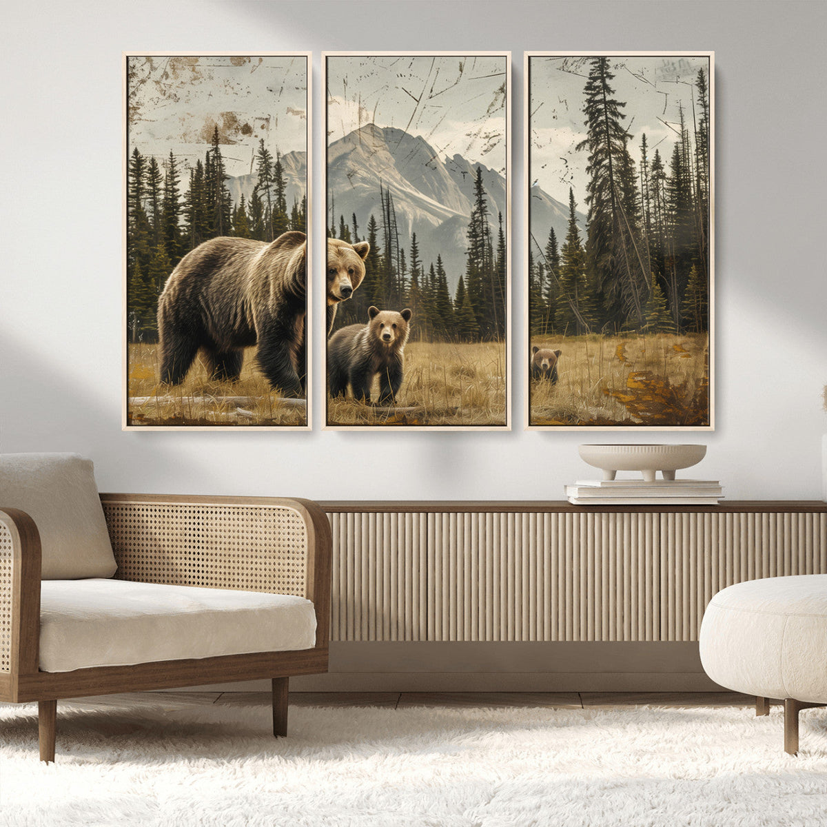 Rustic Grizzly 399 Bear Family Wall Art Canvas Print