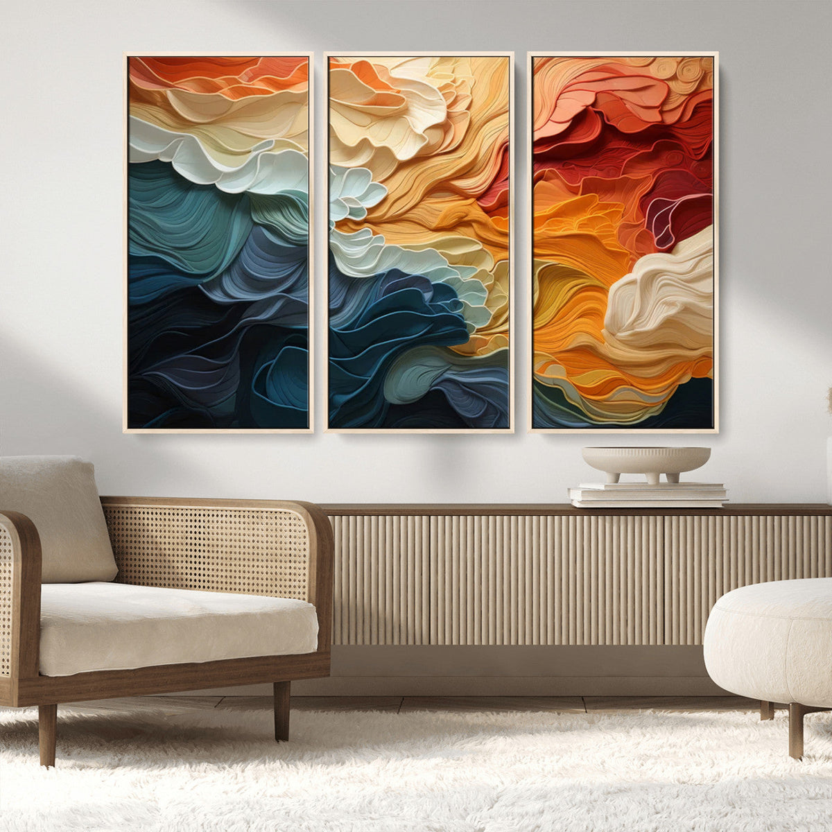 Blue Orange Abstract Wave Wall Art Canvas Print, Framed Blue