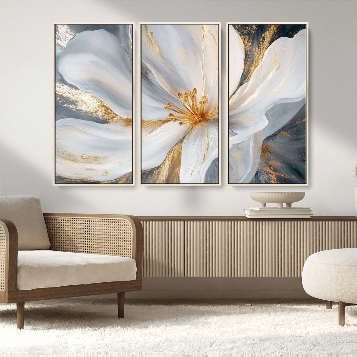 White and Gold Floral Canvas Wall Art - Framed and Ready to