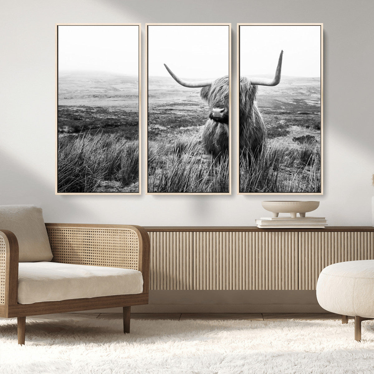 Scottish Highland Cow Wall Art | Black and White Canvas