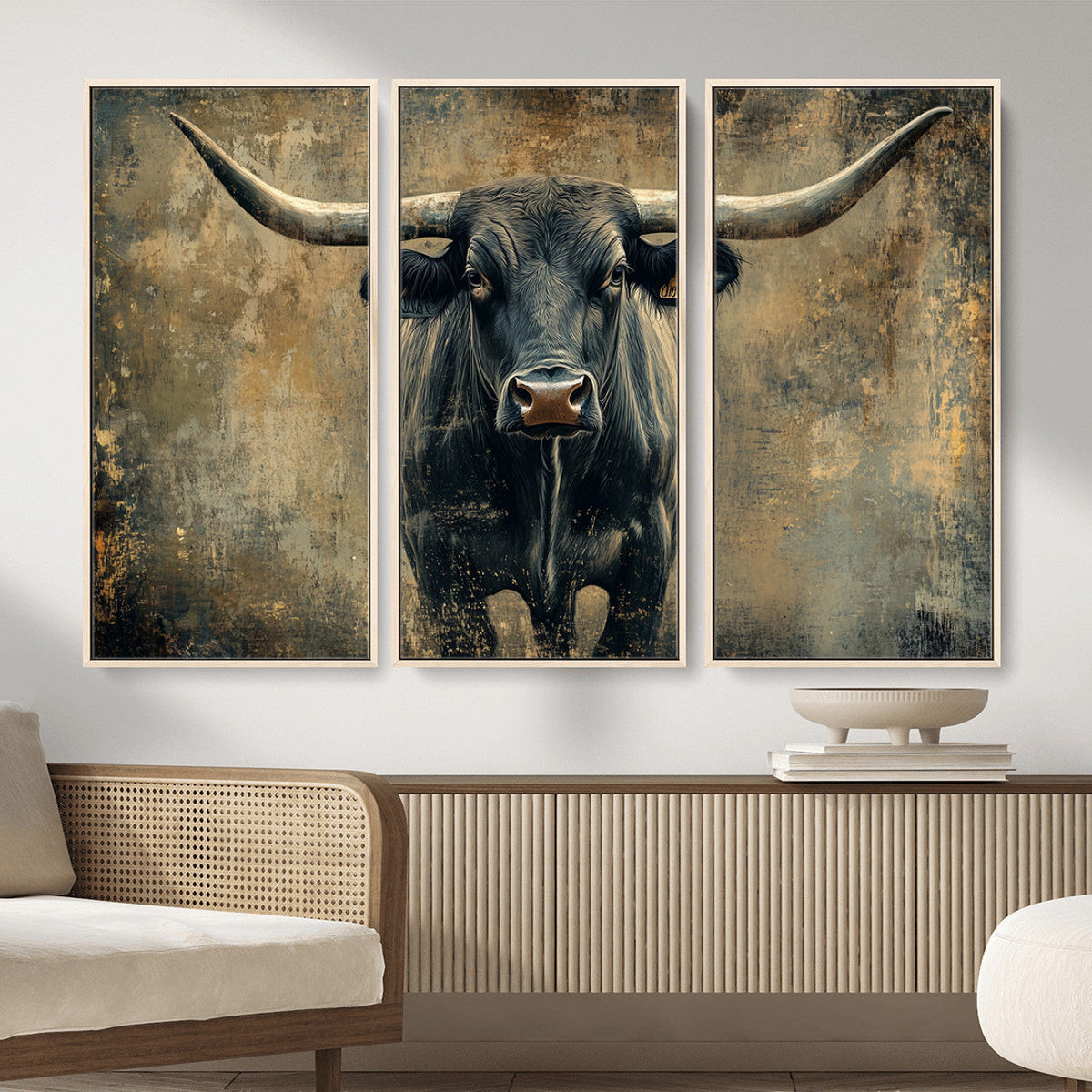 Texas Longhorn Bull Wall Art – Framed Rustic Cow Canvas