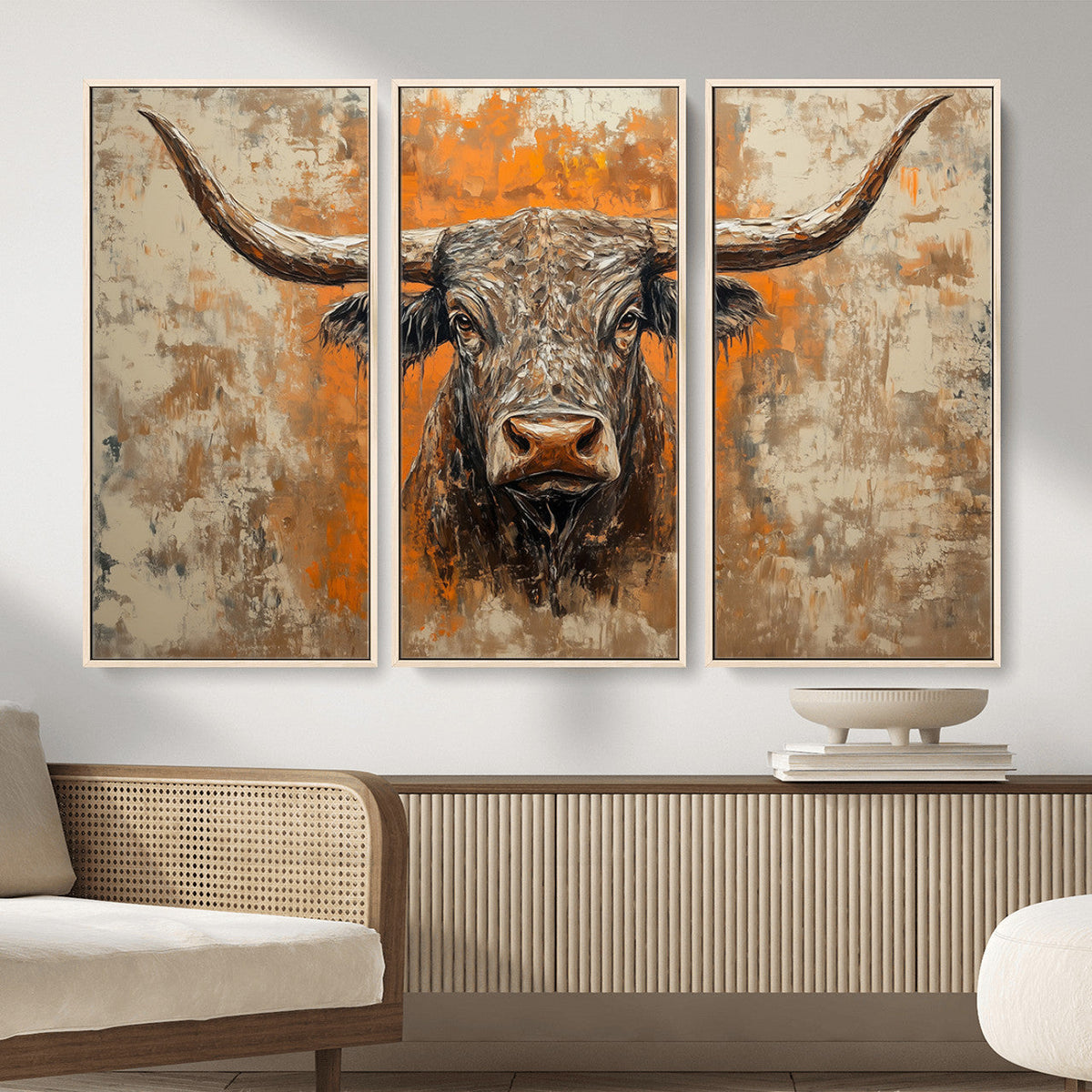 Abstract Cow Longhorn Bull Wall Art Canvas Print - Rustic