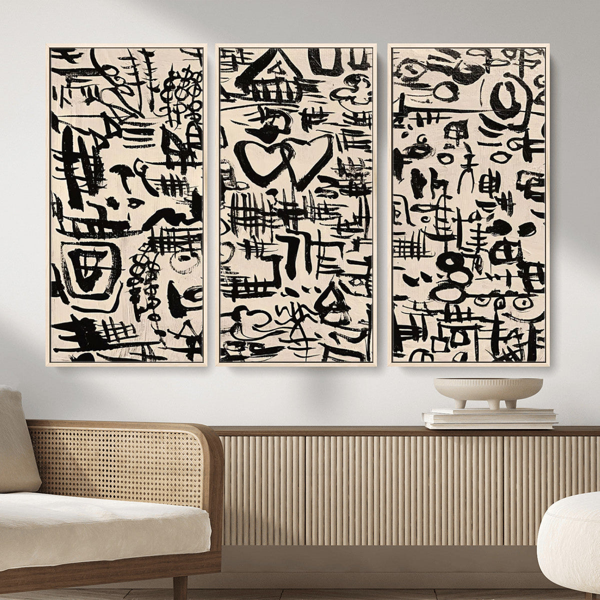 Abstract Love and Chaos Canvas Print, Black Symbols on Beige