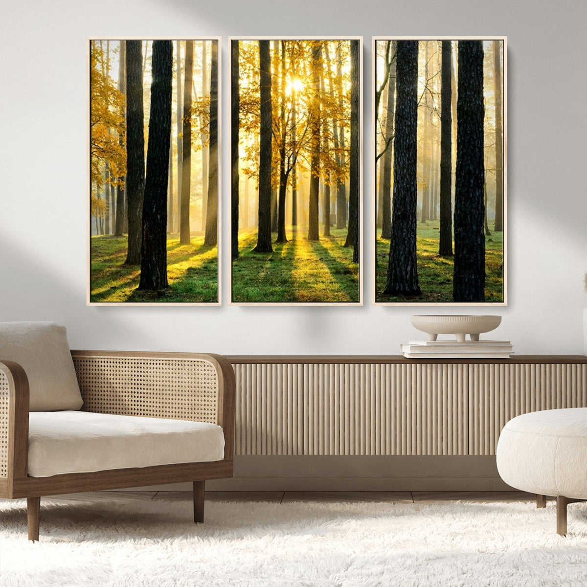 Sunlit Forest Wall Art Canvas Print – Large Framed Woodland