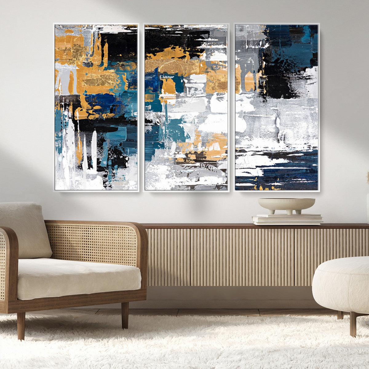 Blue and Gold Abstract Canvas Wall Art – Triptych Modern