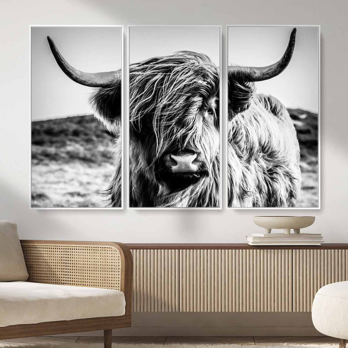 Black and White Scottish Cow Canvas Wall Art Highland Cattle