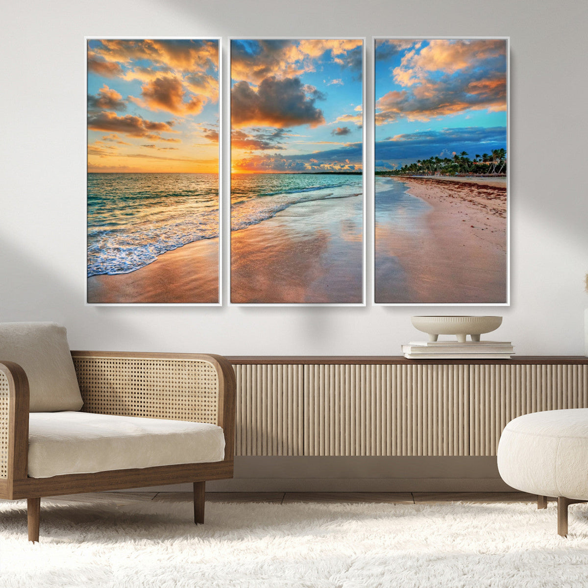 Sunset Ocean Waves on Tropical Beach, 3-Panel Giclee Canvas