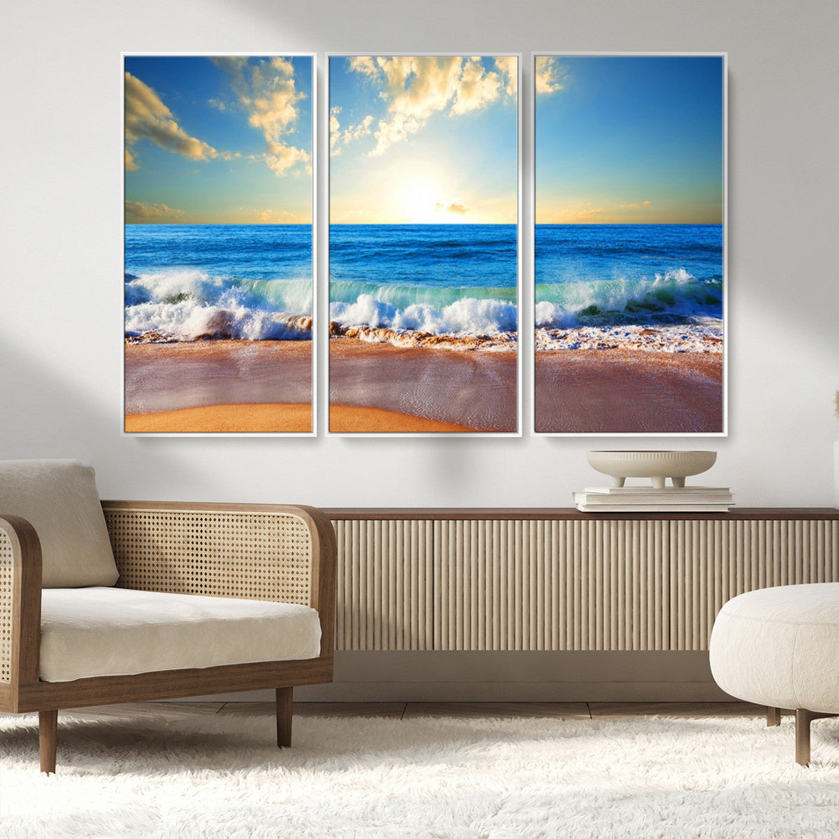 Tropical Beach Sunset Canvas Art, Ocean Waves and Sandy