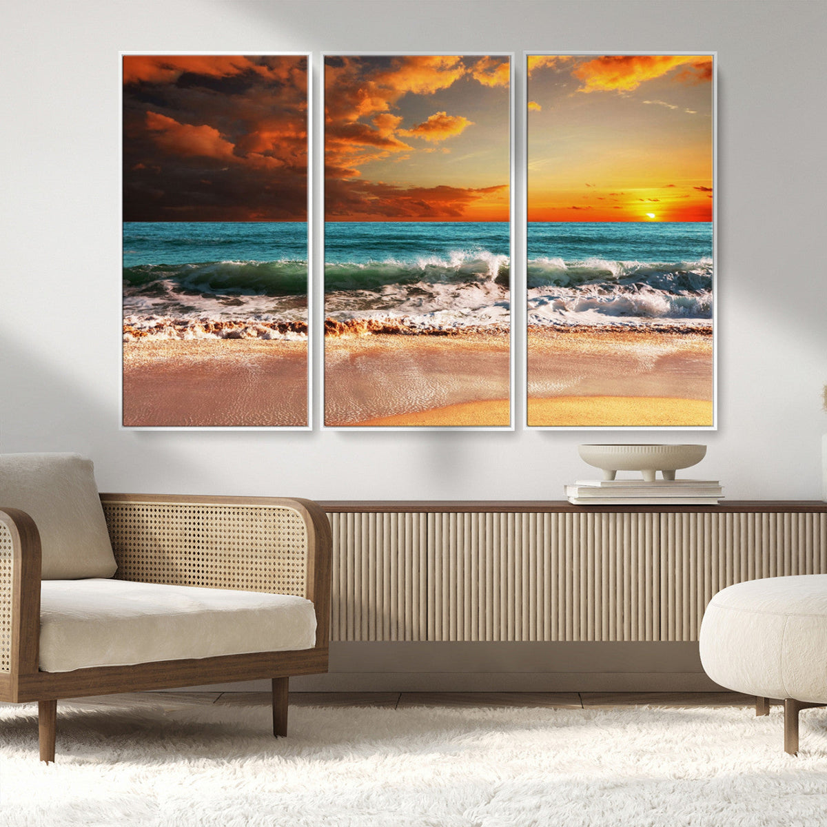 Golden Sunset Beach Canvas Wall Art – Triptych Seascape