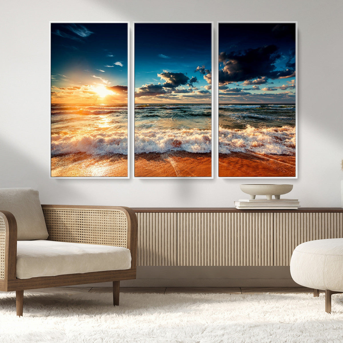 Golden Hour Sunset Over Ocean Waves Wall Art Canvas Print |