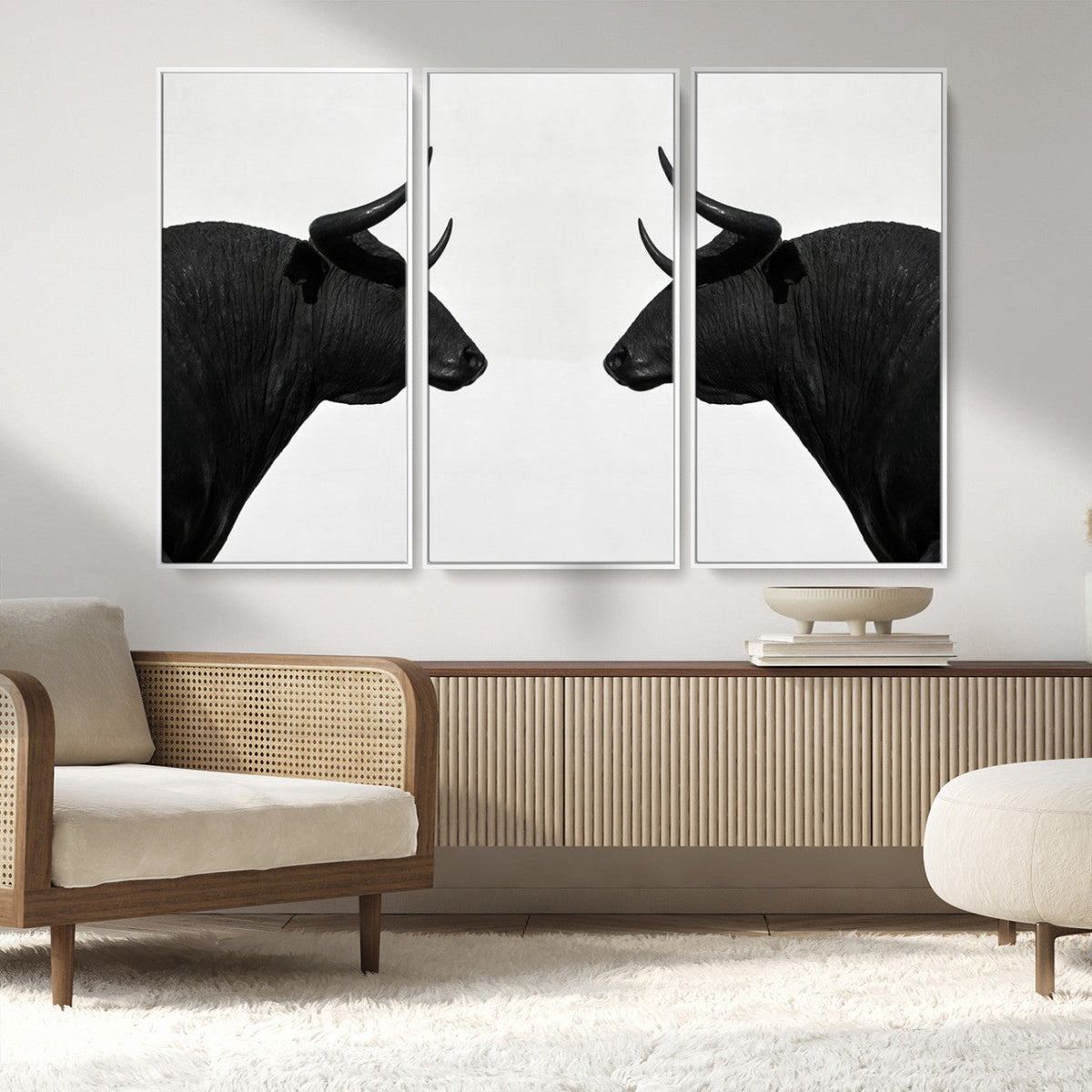Spanish Bull Art - Framed Black and White Bull Canvas Print