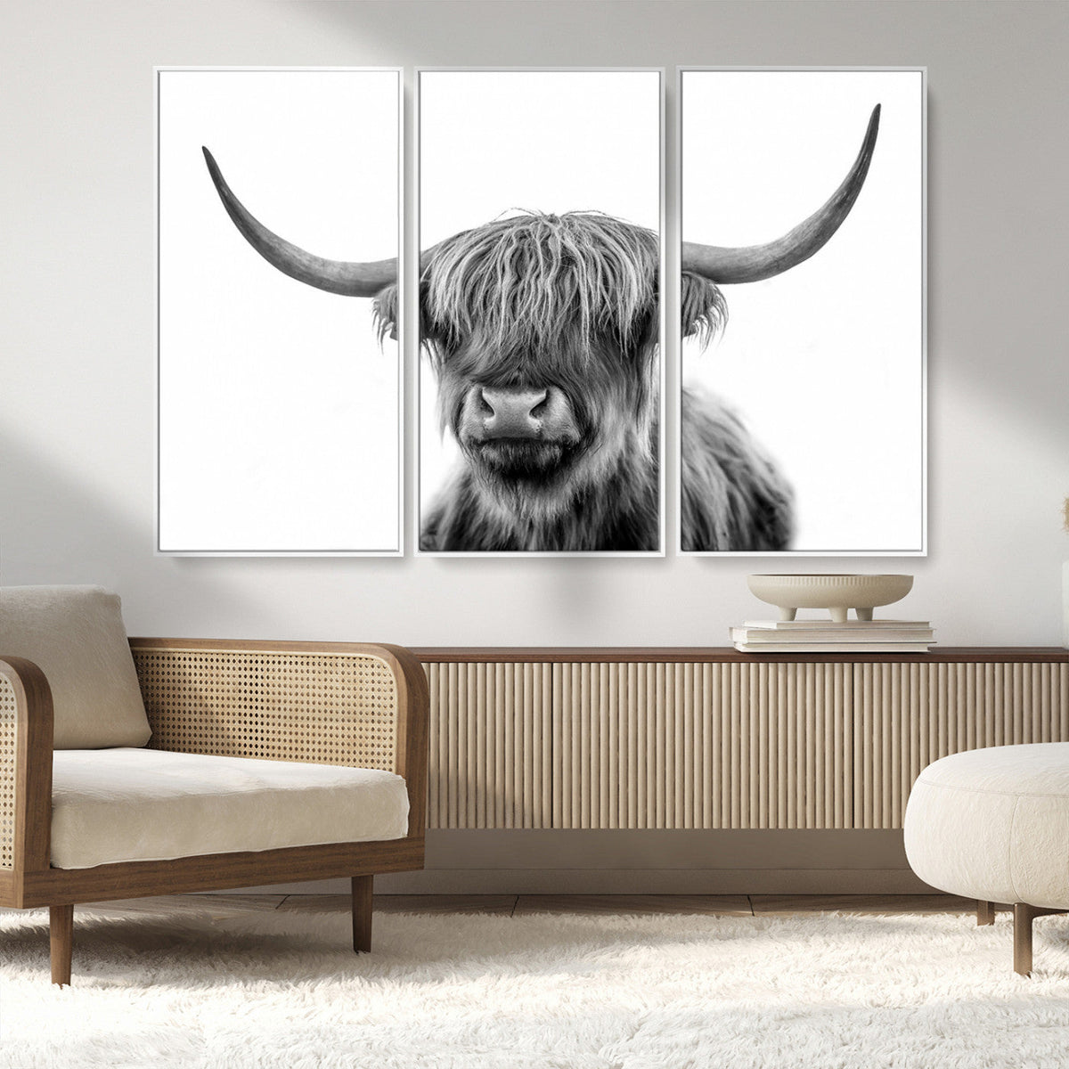 Grayscale Scottish Highland Cow Cattle Art Print Farmhouse