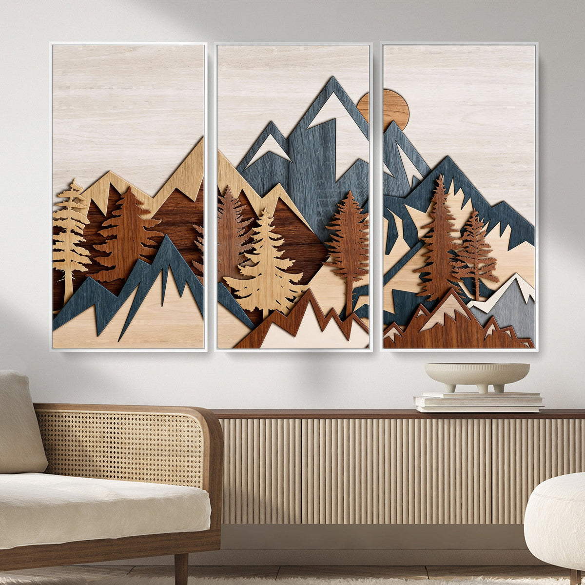 Woodland Mountain Landscape Triptych, Giclee Canvas Art for