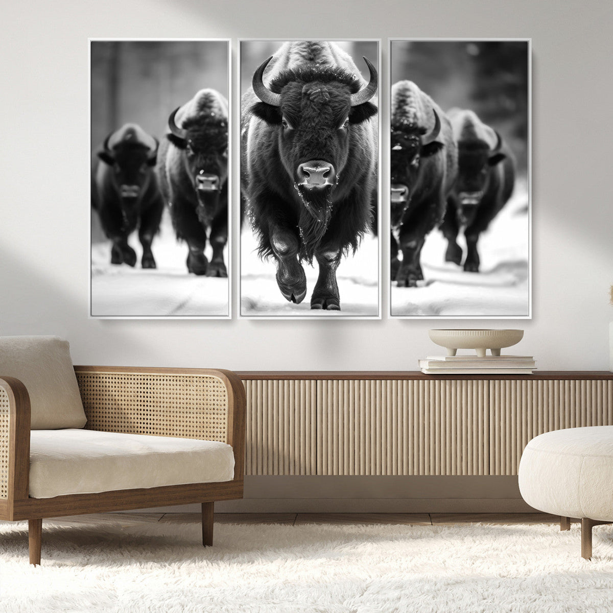 American Bison Art | Buffalo Herd Wall Art Canvas Print, BW