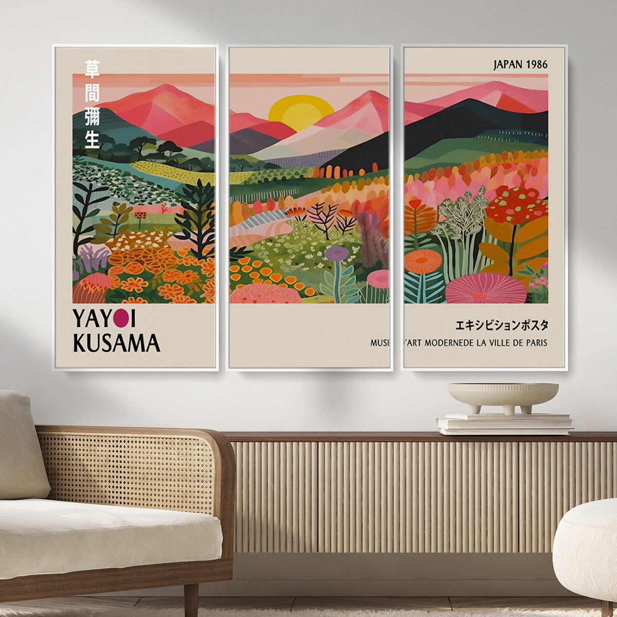 Yayoi Kusama Landscape Canvas Print, Vibrant Floral Mountain Art Print, Framed Botanical Wall Art -