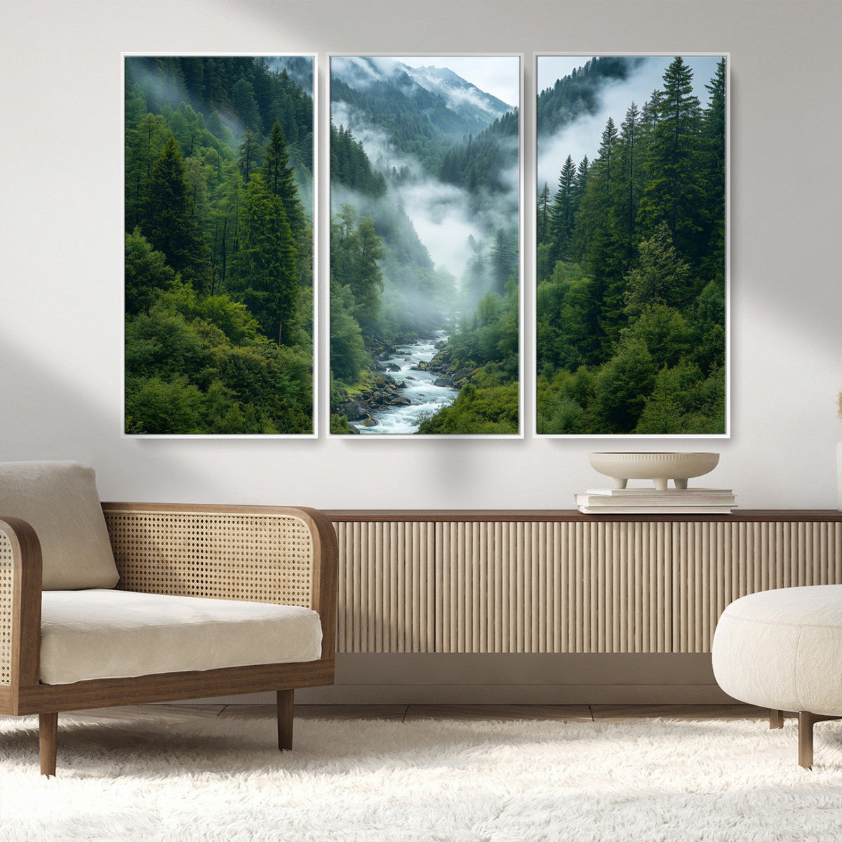 Mountain Forest River Canvas Wall Art Print - Serene Nature