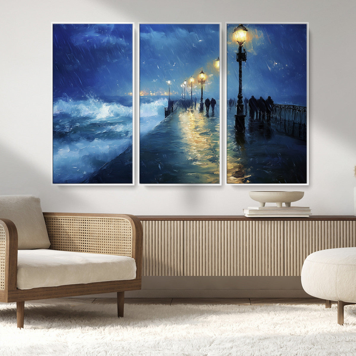 Storm Ocean Pier Canvas Wall Art Print - Large Moody Night