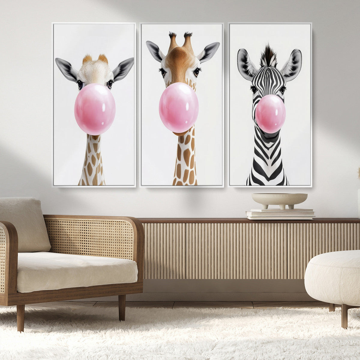 Bubblegum Animals Canvas Wall Art - Playful Giraffe and