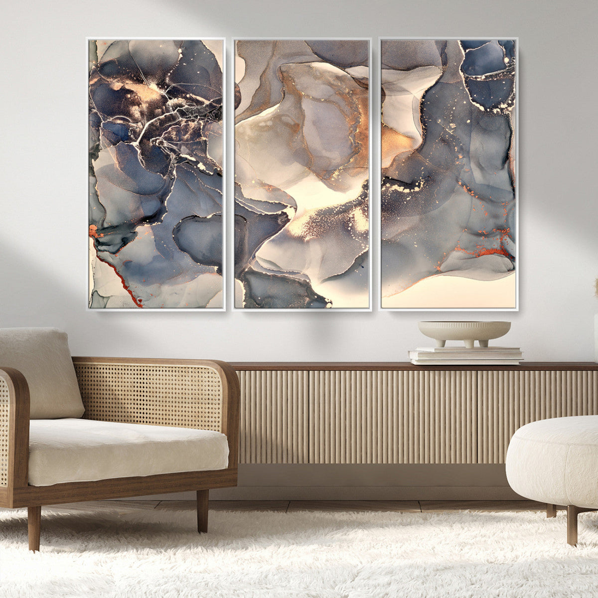 Abstract Blue and Gold Wall Art - Fluid Ink Artwork - Modern