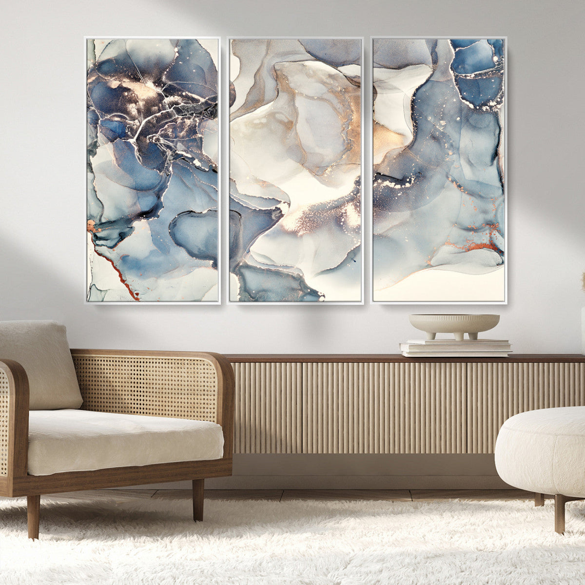 Abstract Blue and Gold Canvas Wall Art - Fluid Modern Ink