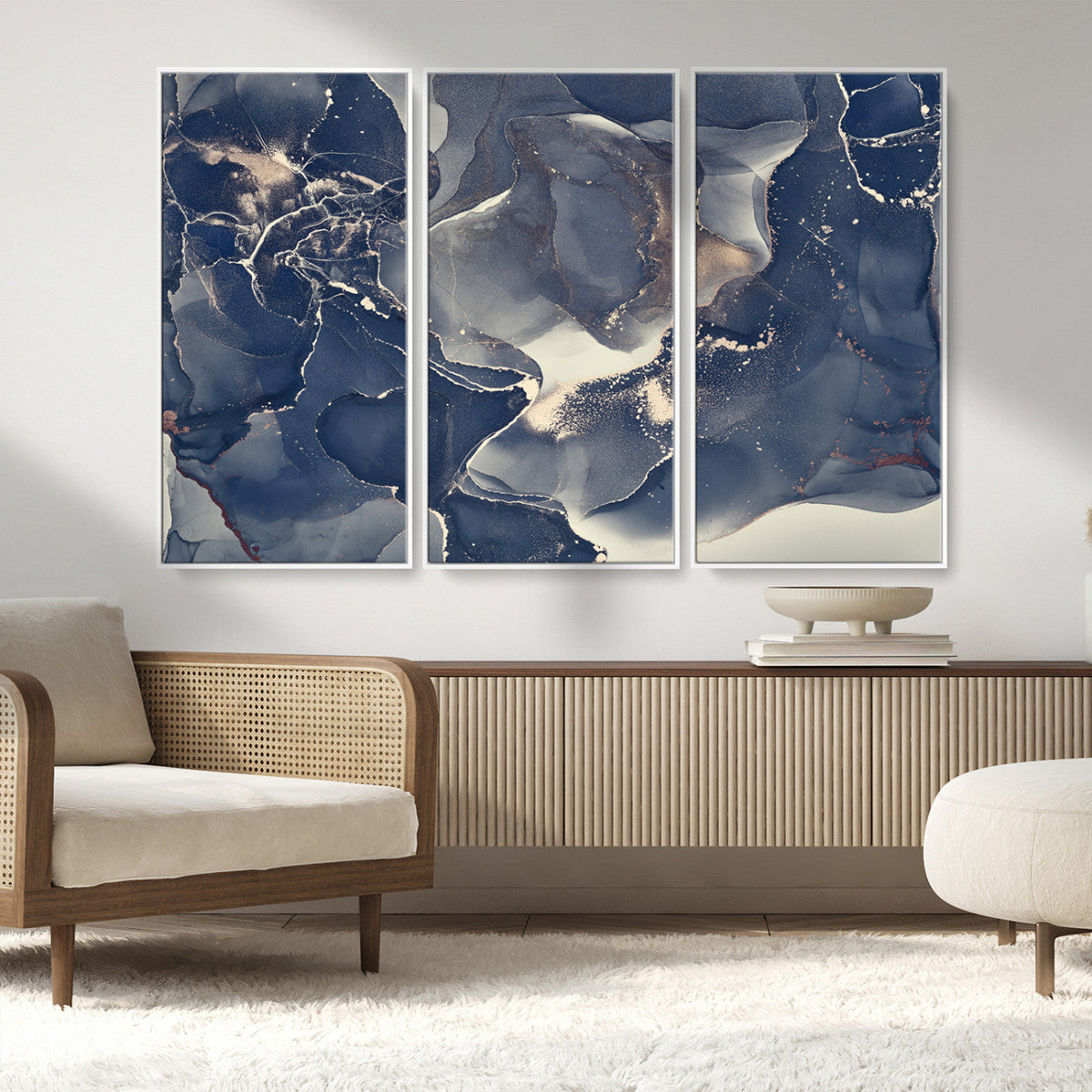 Large Abstract Blue and Gold Canvas Wall Art Fluid Ink